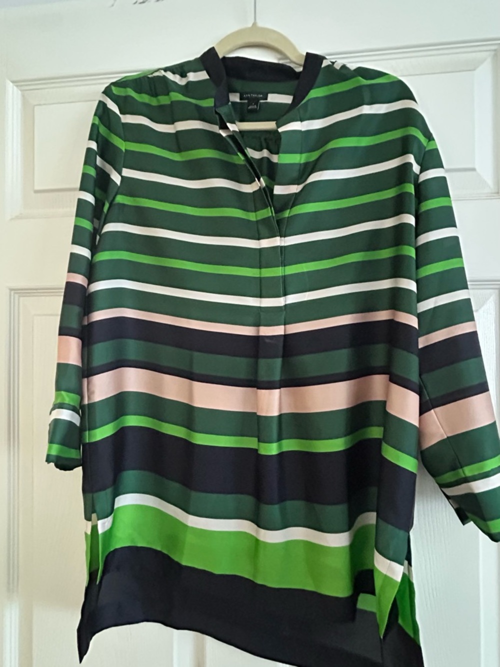 Ann Taylor Green, Black & White Striped Blouse